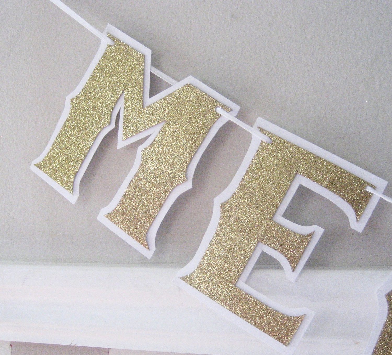MERRY CHRiSTMAS Banner - Gold Glitter on White Il_570xn