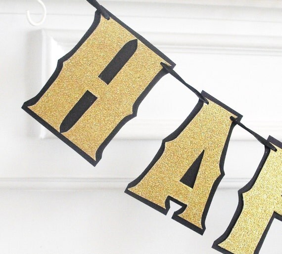 Reserved for lolo33 - HAPPY BIRTHDAY Banner - Gold Glitter on Black Il_570xn