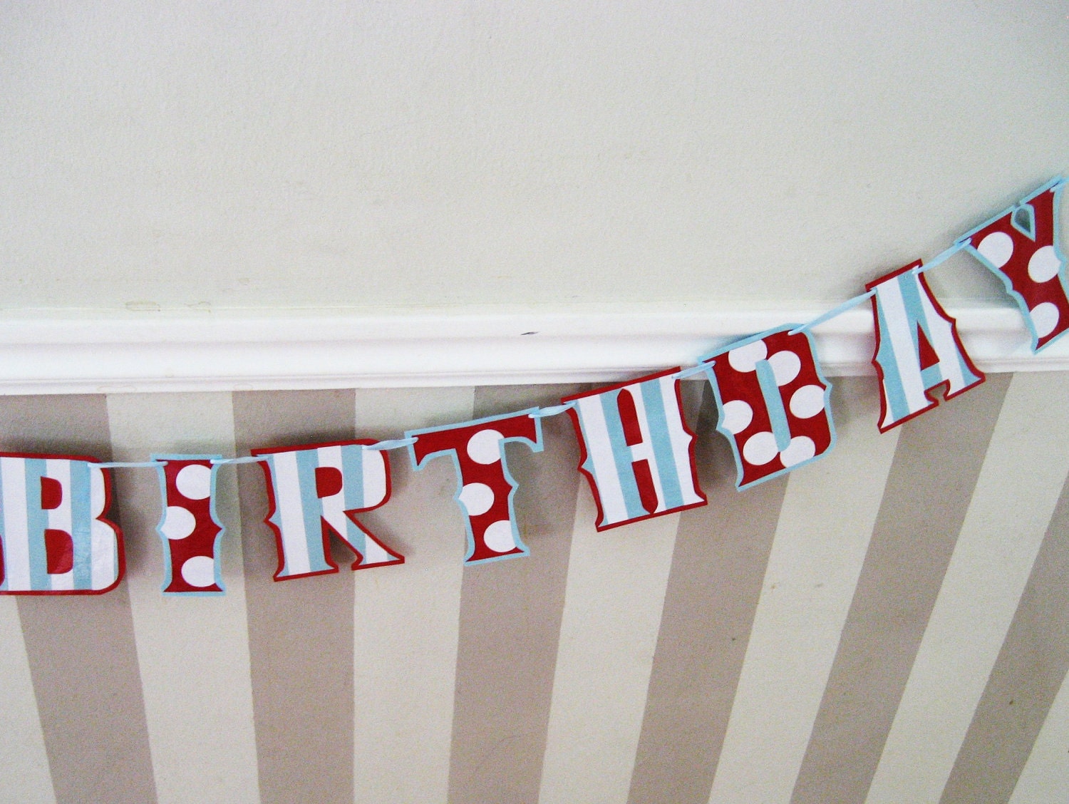 HAPpY BiRTHDAY banner- Red, White, and Baby Blue STRiPES and POLkA DOtS - Giant Size