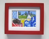 Miniatuare Black Cat and Eiffel Tower Painting, original, OOAK, red frame, french blue, country french