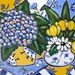 Original Hydrangea painting, acrylic, Country French, shabby chic, gardnening, beach decor, yellow, daisies, tulips, canvas