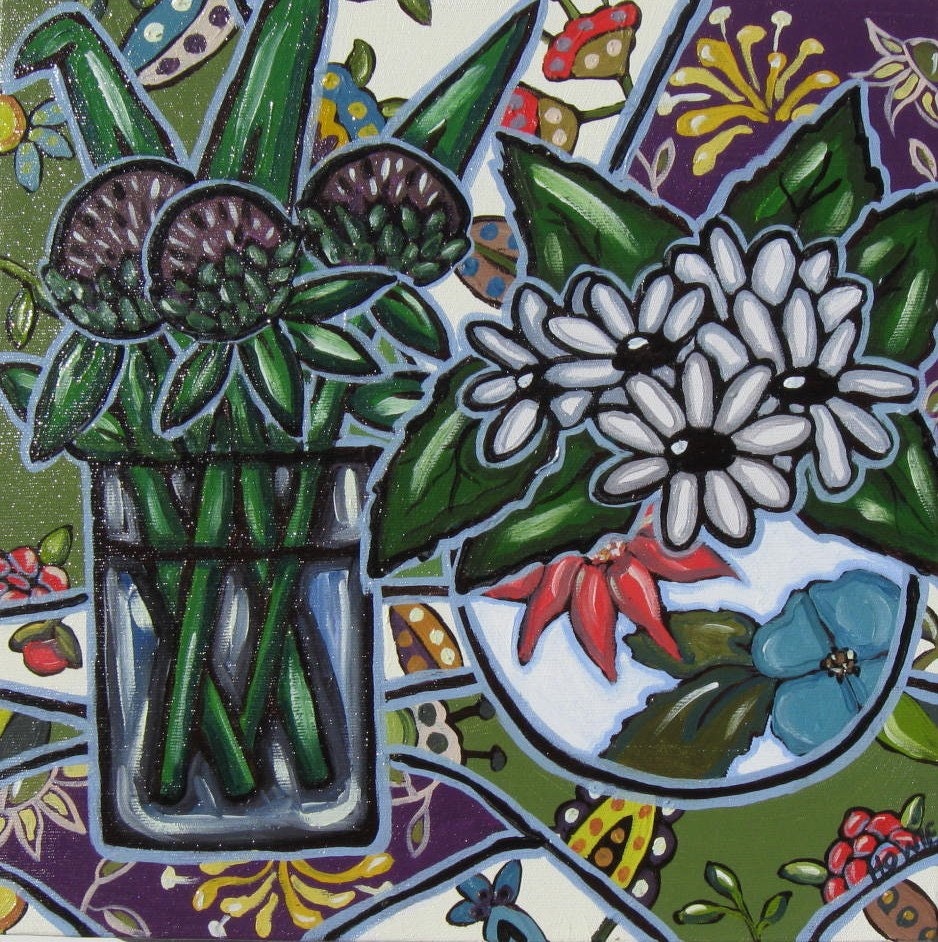 Daisies Acrylic Still Life Painting Original on a green and purple background