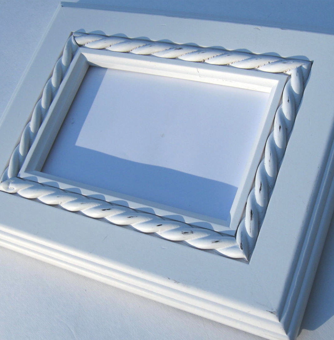 Nautical Beach Distressed photo frame, free shipping, bright white, rope, shabby chic, cottage decor, easel back