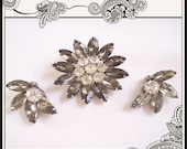 Weiss  Flower Brooch with Smoky Colored Petal Rhinestones and Clear Rhinestones in Center