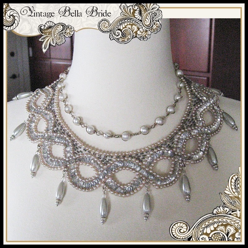 Wedding Necklace Platinum Pearls & Sequins Vintage Collar with Wire-Wrapped Pearl Upcycled Necklace