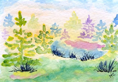ACEO Original  Watercolor Country Spruces