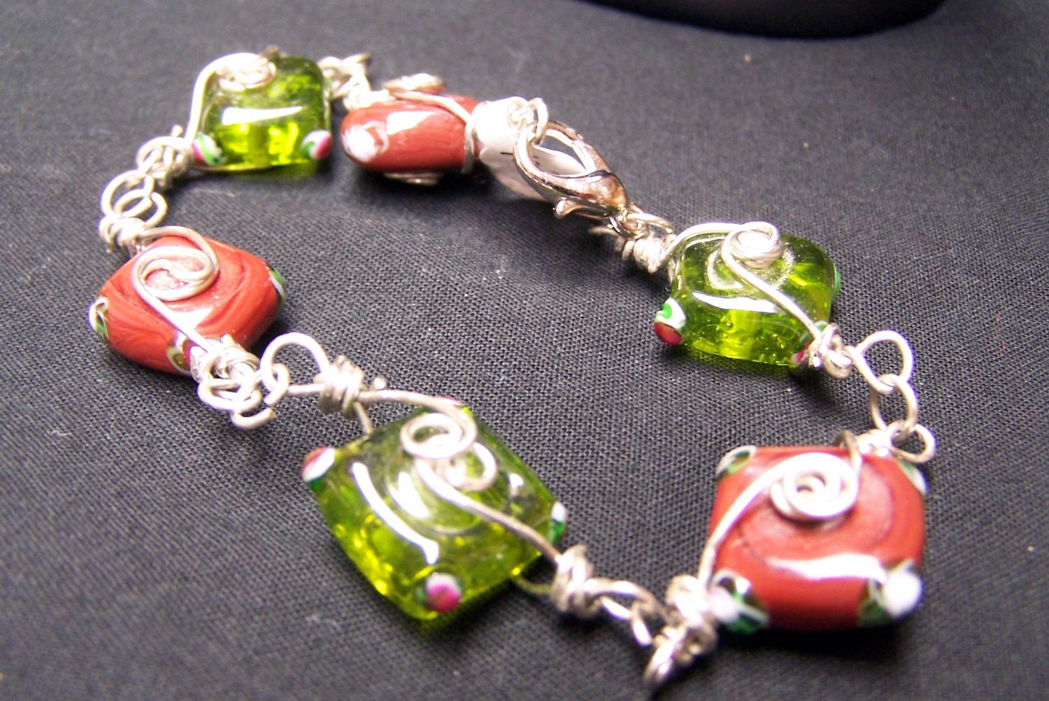 CLEARANCE - Red and Green Lampwork Wire Wrapped Bracelet