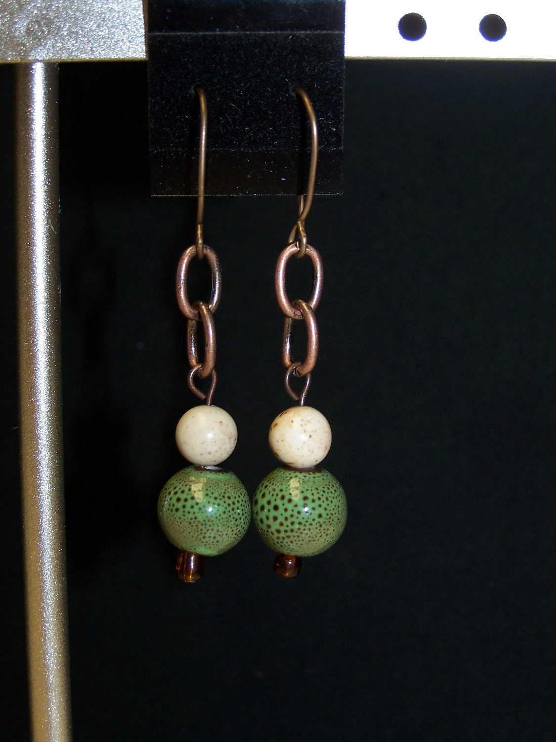 SALE - Copper Chain Green Ceramic Earrings