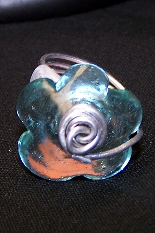 Blue Glass Flower Wire Wrapped Ring