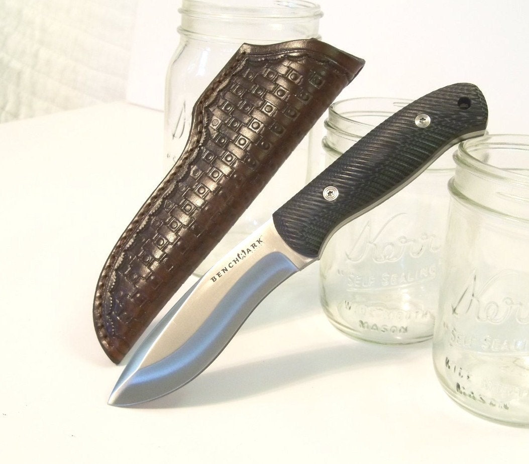 Benchmark KNIFE Micarta Handle w Handmade Hand Tooled LEATHER SHEATH Custom Hunting Knives