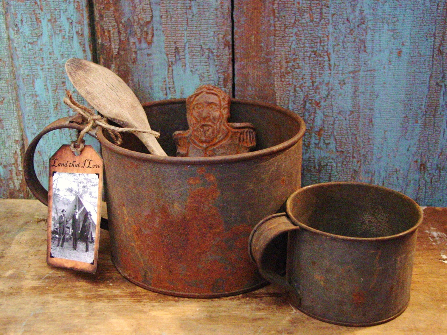 c.1800's Large Tin Tinware Mess Cup Primitive Wood Spoon Civil War Blackened Beeswax Soldier & Hang Tag