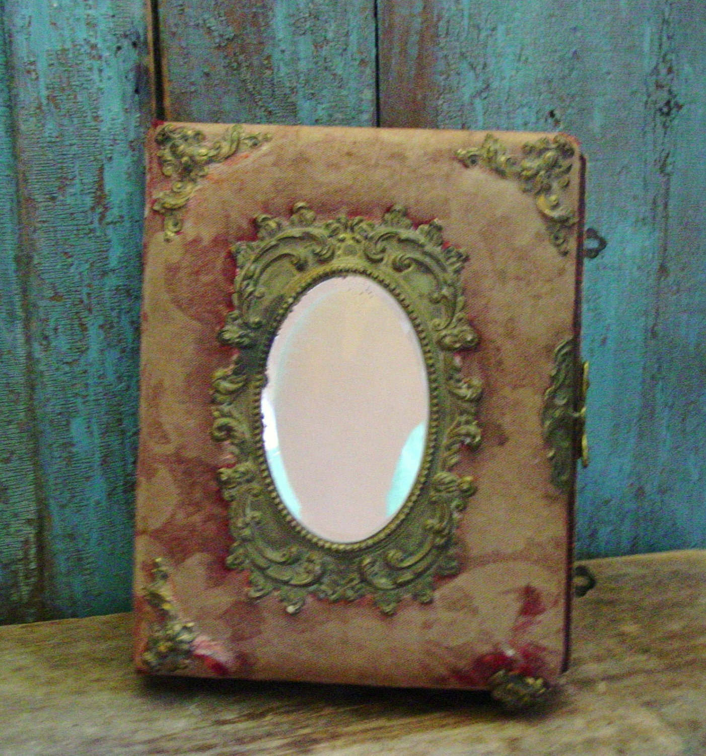 Antique Cabinet Photo Album Ornate Brass Mirror Velvet