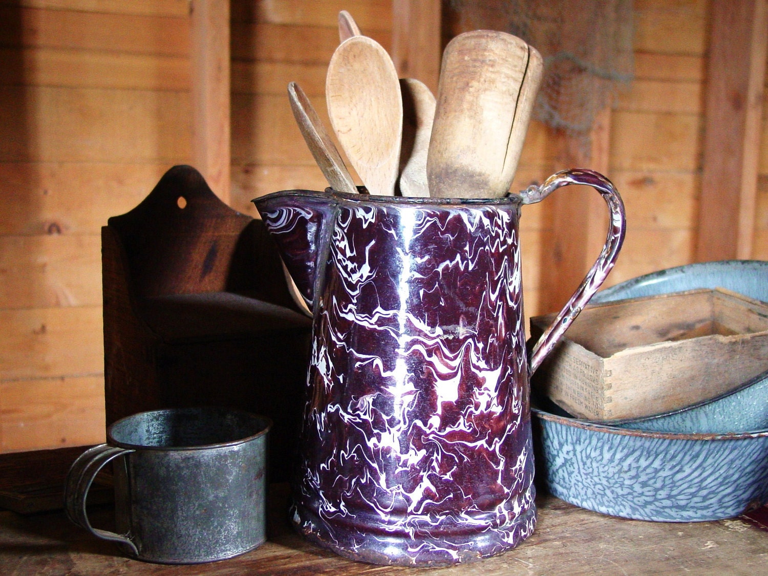 Primitive Dark Chocolate Brown Swirl Enamelware Coffee Pot