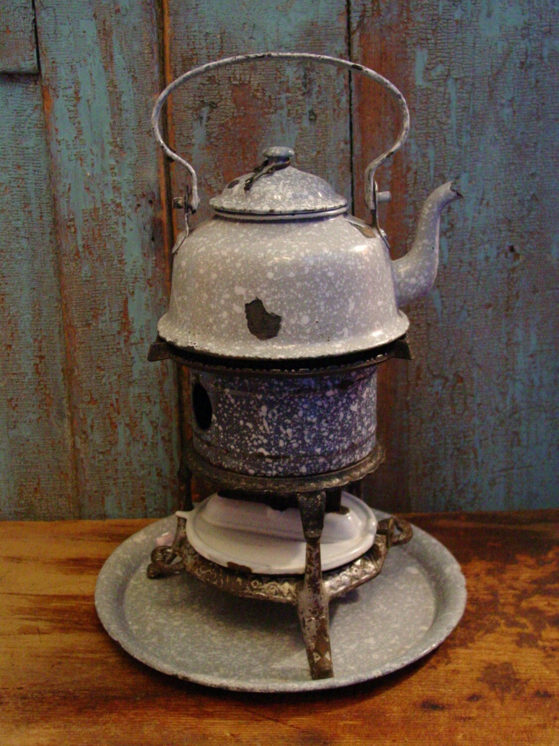 c. 1900 GEORG HALLER STOVE WITH GRANITEWARE TEAPOT GERMANY