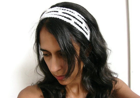 Boho Chic Headband White Crochet Head Band Trellis Adjustable Hairband, MADE TO ORDER, Womens Fashion Trends
