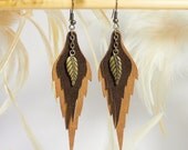 Woodland leave - dangle  leather earrings.