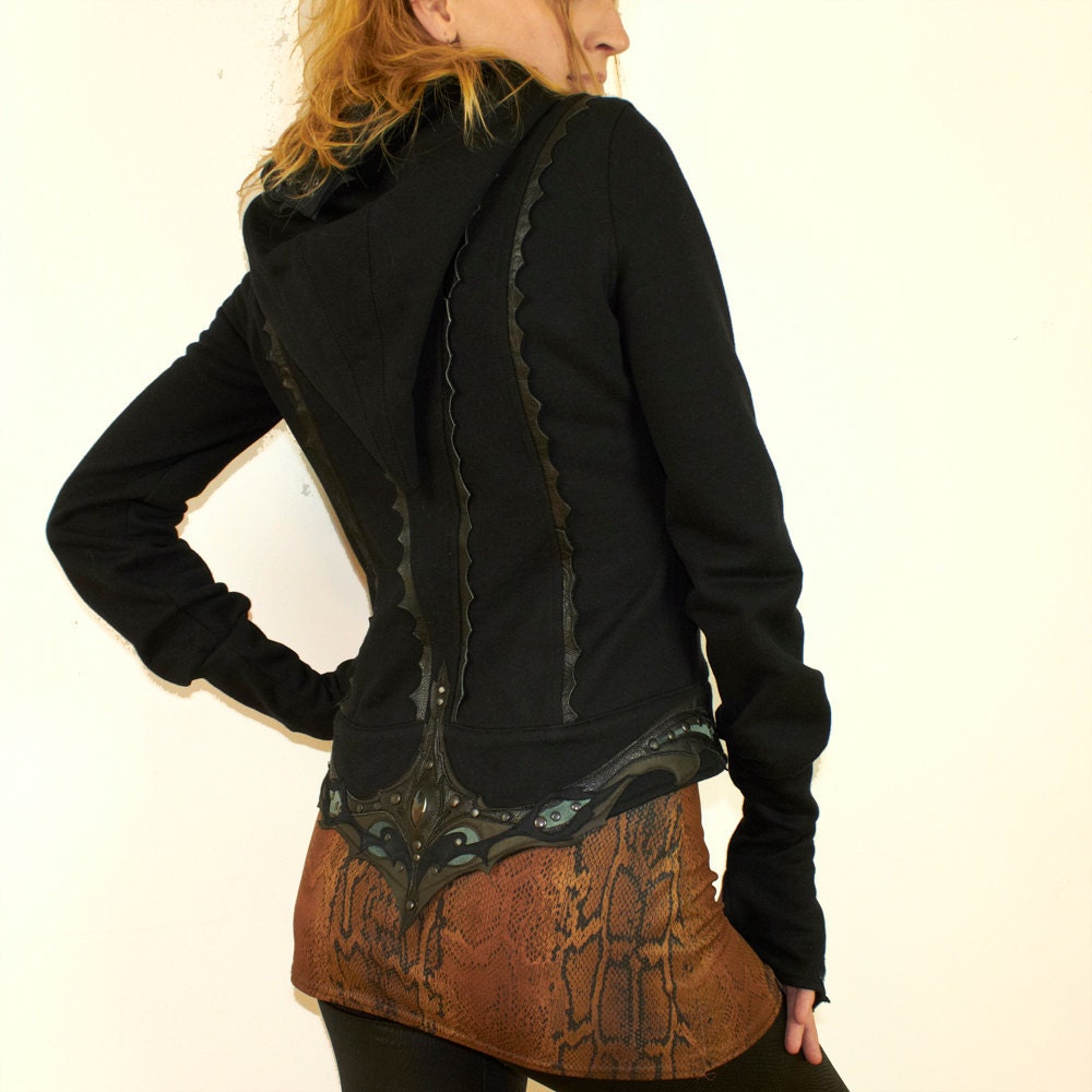 Terora - black cotton hooded jacket with leather art appliques, made to measure.