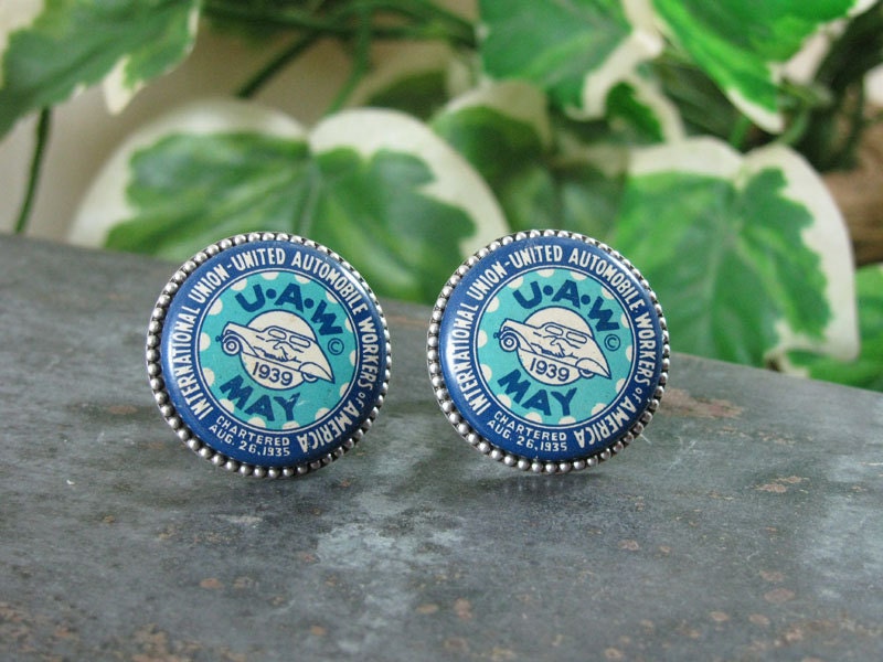 Upcycled Jewelry - Authentic May 1939 United Auto Workers Pinbacks Converted into Cufflinks - Unique, Rare, Great Gift Idea