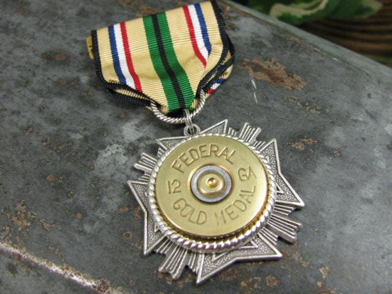 Shotgun Casing Jewelry - Military / Steampunk Inspired Brass Federal Brand 12 Gauge Shotgun Casing Ribbon Pin Medallion