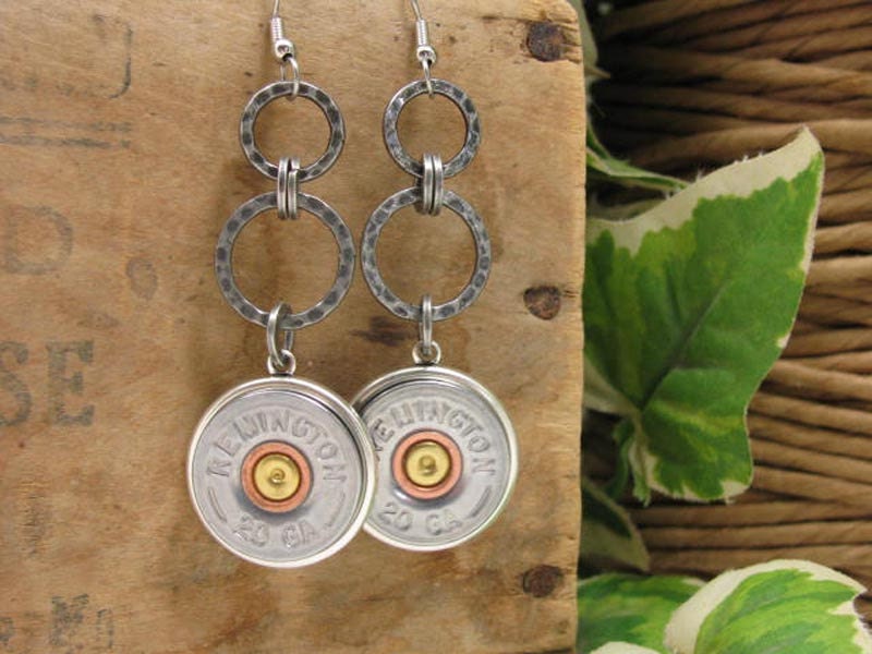 Shotgun Casing Jewelry - Remington 20 Gauge Shotgun Casing Antique Silver Dangle Earrings - Western or Southwestern Look