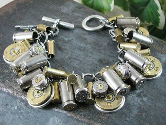 Shotgun and Bullet Casing Jewelry - Mixed Nickel & Brass Bullet and Shotgun Casing Loaded Charm Bracelet
