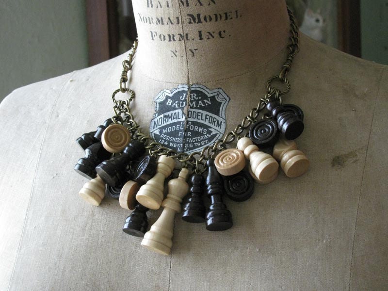 Upcycled Wooden Chess and Checker Piece Statement Necklace - Earth Tones - Great for Fall Fashions - Twilight Inspired Jewelry