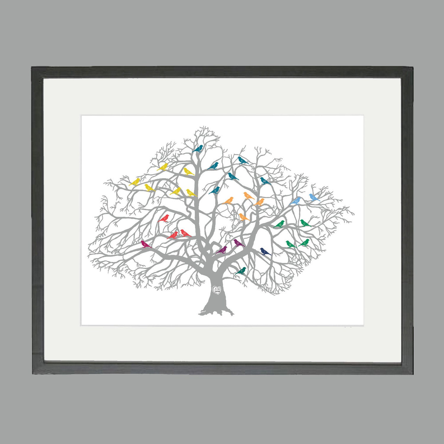 Custom Family Tree Print with Birds 11 x 14 Print