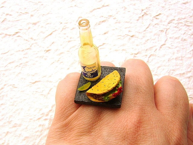 Food  Ring Mexican Beer And Tacos Miniature Food Jewelry