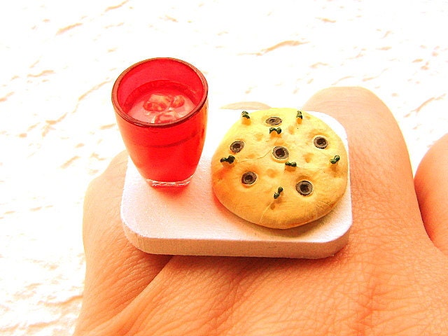 Water Ring Miniature Food Jewelry Focaccia Bread Sparkling Water Gifts Under 10