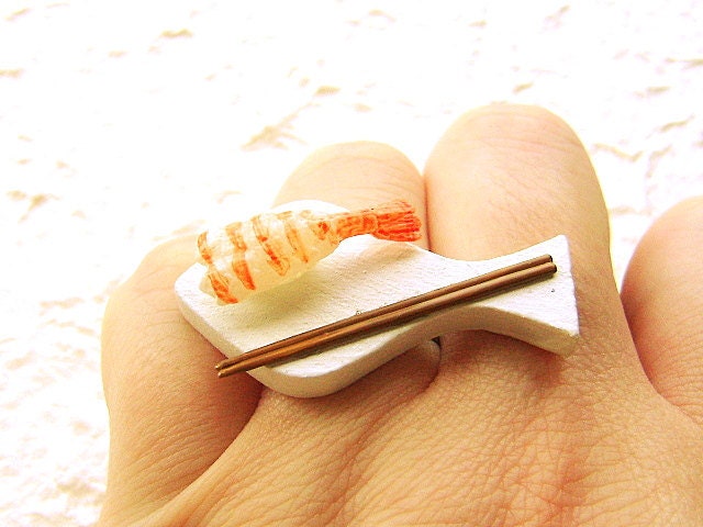 Sushi Ring Miniature Food Jewelry Ebi Shrimp Sushi And Chopsticks