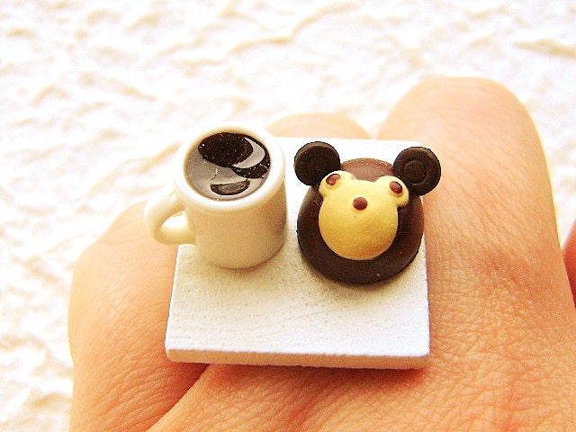 Coffee Ring Kawaii Cute Food Jewelry Ring Chocolate Bear Cake