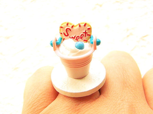Kawaii Food Ring Ice Cream Sundae Heart Cookie Miniature Food Jewelry