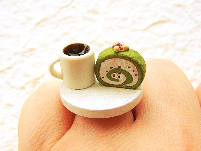 Miniature Food Ring Coffee And Matcha Cake Kawaii Food Jewelry