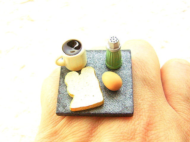 Food Ring Coffee Egg Toast Miniature Food Jewelry