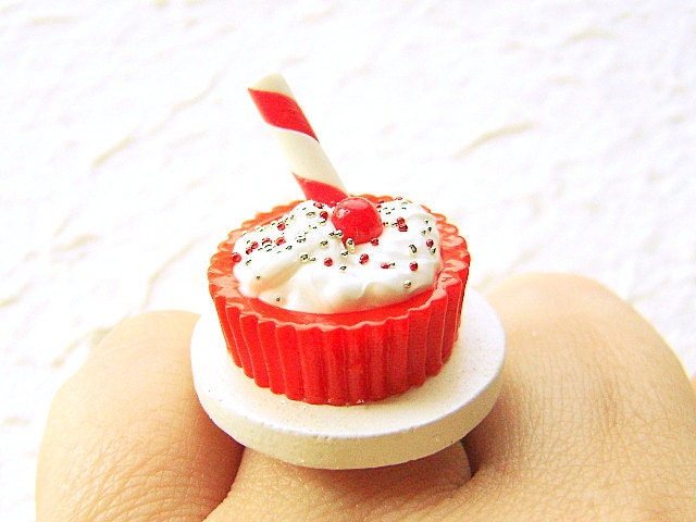 Food Ring Kawaii Strawberry  Cup  Ice Cream Miniature Food Jewelry
