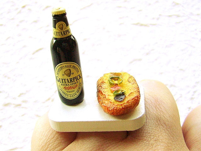 Beer Ring Miniature Food Jewely  Beer And Pizza