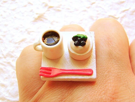 Coffee Ring Miniature Food Jewelry Coffee And Blueberry Cheesecake