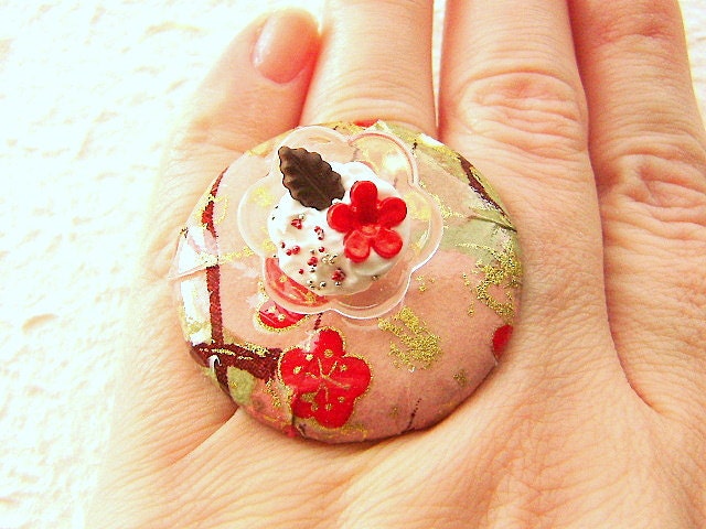Food Ring Vanilla Ice Cream Chiyogami Paper Miniature Food Jewelry