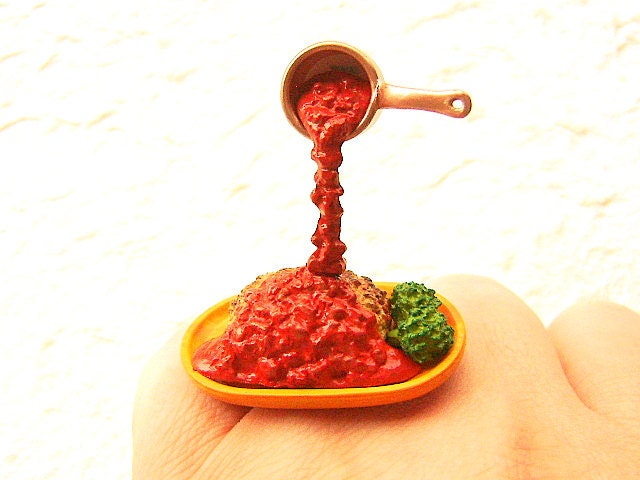 Floating Ring Miniature Food Jewelry Hamburger Steak Broccoli