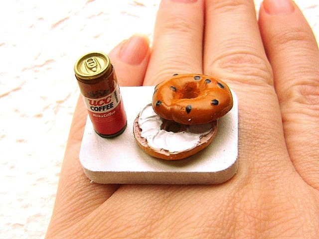 Coffee Ring Bagel Cream Cheese Ring Miniature Food Jewelry