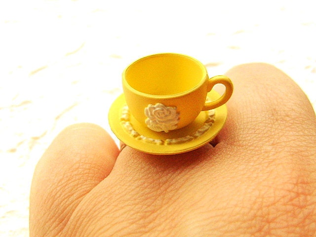 Kawaii Cute Japanese Ring Yellow Teacup And Saucer Miniature Food Jewelry