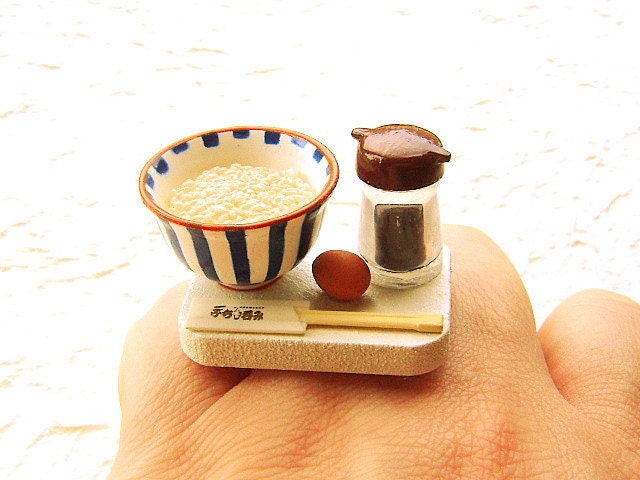 Japanese Food Ring Rice Soy Sauce Egg Miniature Food Jewelry