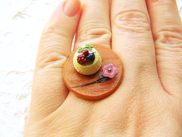 Food Ring Fruit Whipped Cream Pink Flower Miniature Food Jewelry