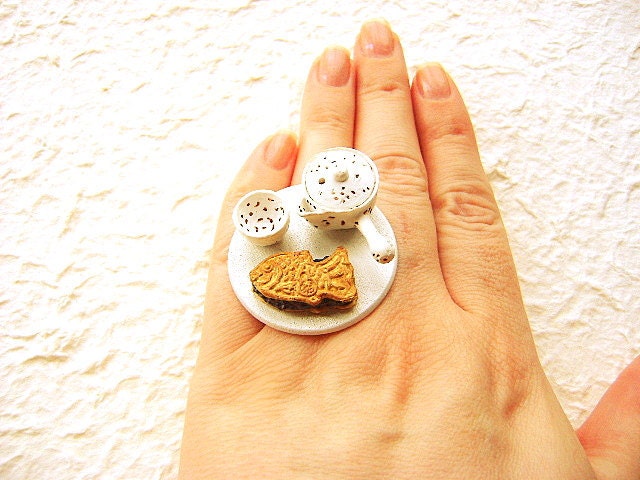 Traditional Japanese Food Ring  Green Tea Taiyaki Miniature Food Jewelry