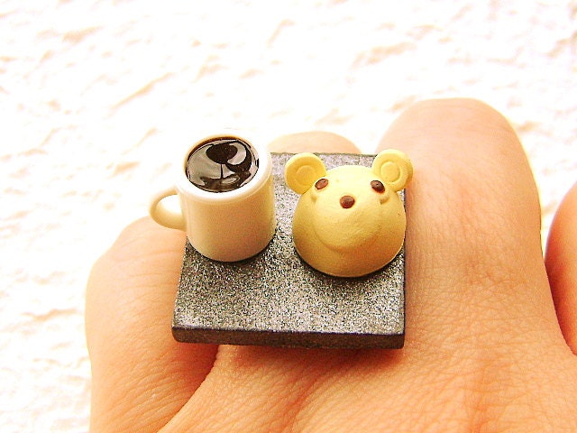 Coffee Ring Kawaii Miniature Food Jewelry Bear Cake