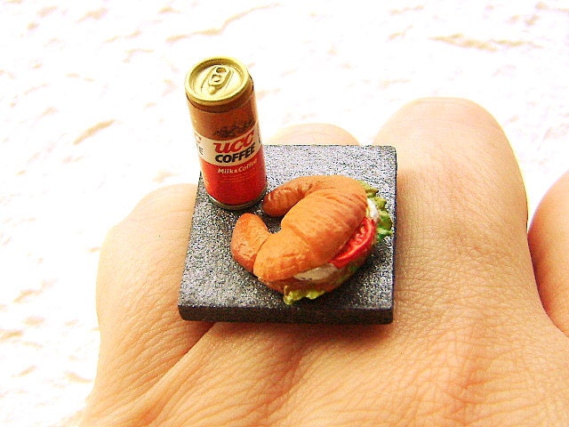 Kawaii Food Ring Milk Coffee In A Can And Croissant Sandwich