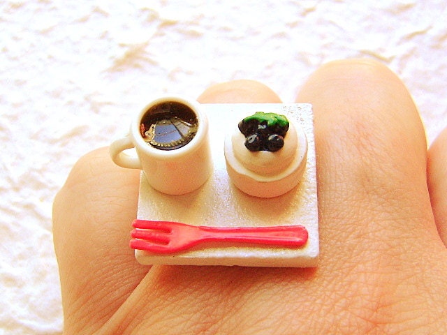 Coffee Ring Miniature Food Jewelry Coffee And Blueberry Cheesecake