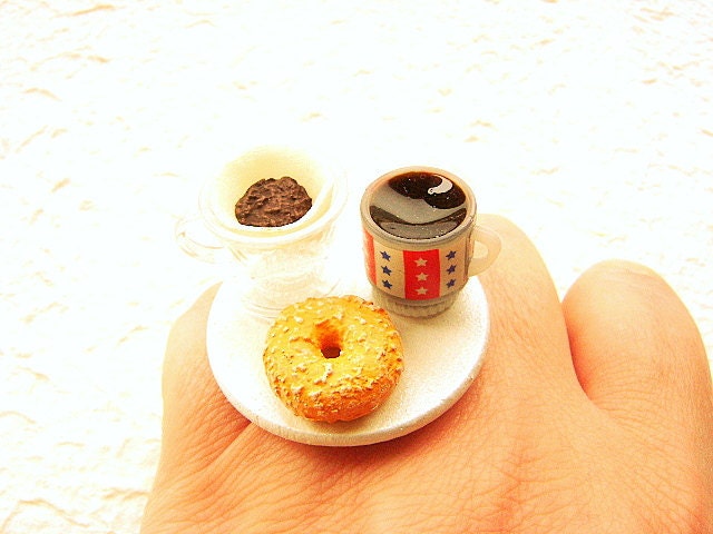 Miniature Food Ring Bagel Coffee Cute Food Jewelry