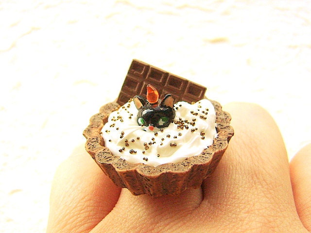 Kawaii Food Ring Chocolate Cookie Cup Cat Miniature Food Jewelry