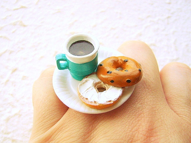 Kawaii Food Ring Lunch At The Office Coffee Bagel Miniature Food Jewelry